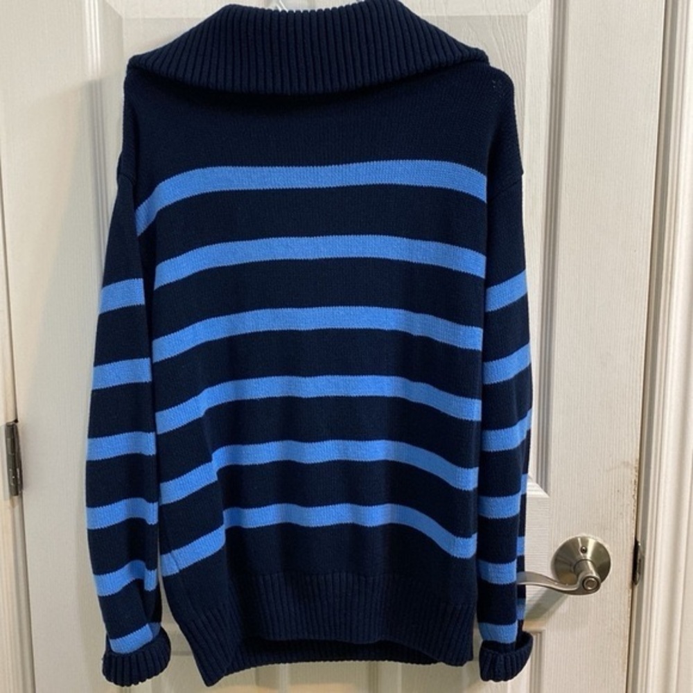 English Factory Cotton Zip Striped Blue Sweater Heavy Knit Winter Womens Large - Picture 6 of 9